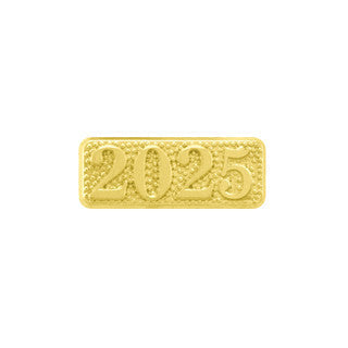 Gold rectangular chenille pin with "2025" embossed in a textured, dotted design.