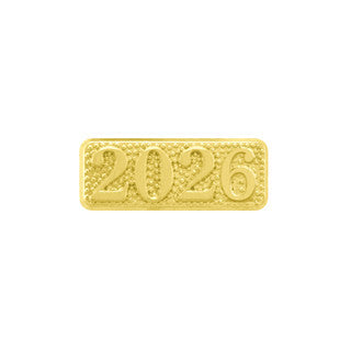 Gold chenille pin with "2026" embossed in a textured, dotted pattern.
