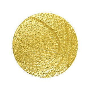 Round gold chenille pin with a textured basketball design.