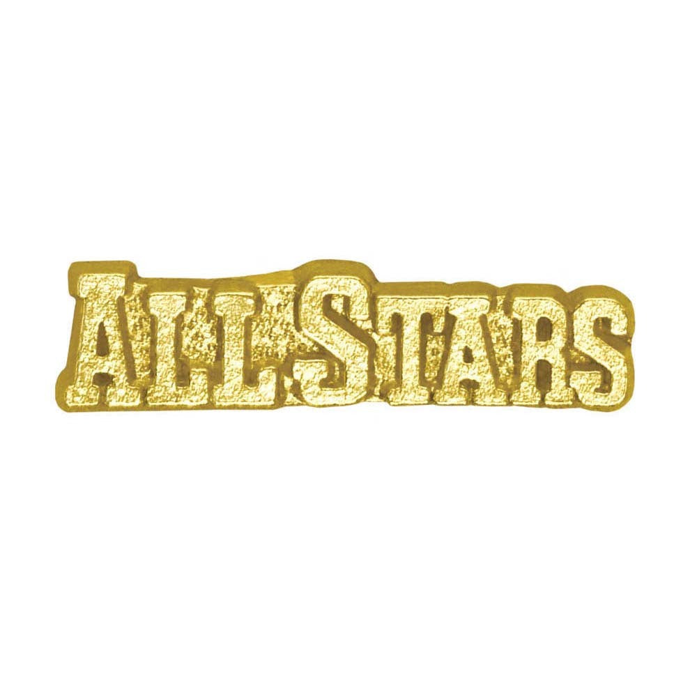 Gold-colored "ALL STARS" chenille pin with a textured finish.