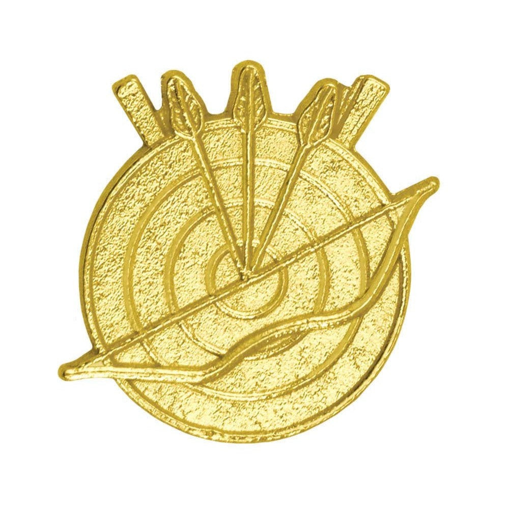 Gold archery chenille pin featuring a target, three arrows, and a bow.