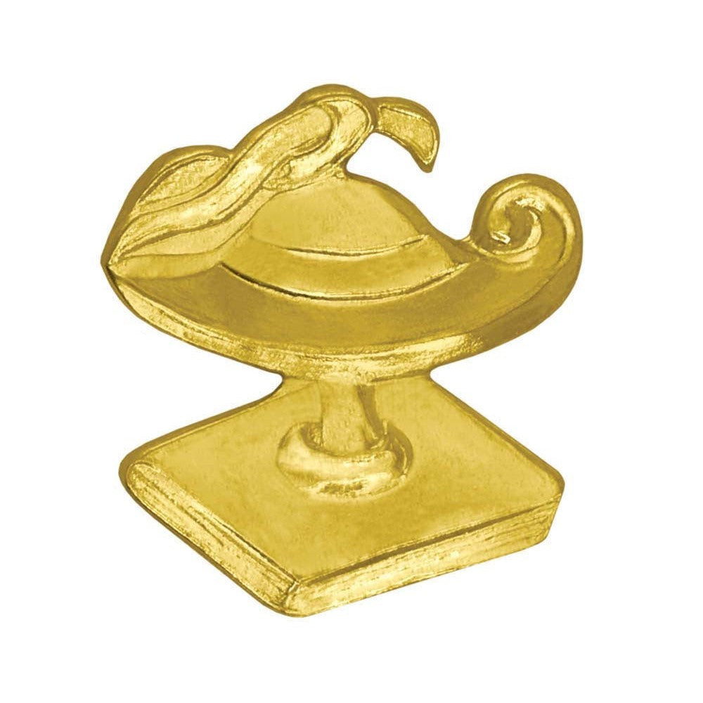 Shiny gold chenille pin shaped like a lamp, with a square base.