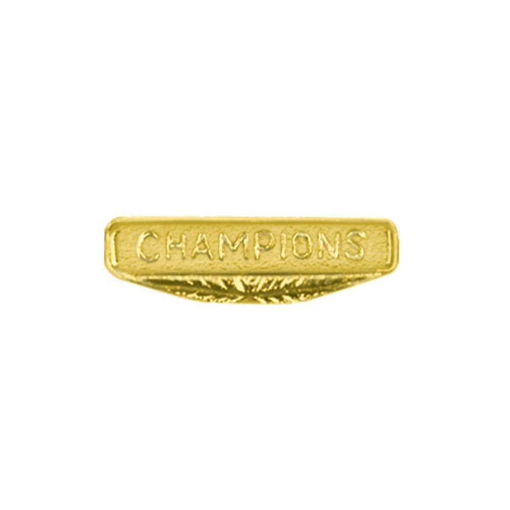 Gold "CHAMPIONS" chenille pin with a textured base, recognizing athletic success.