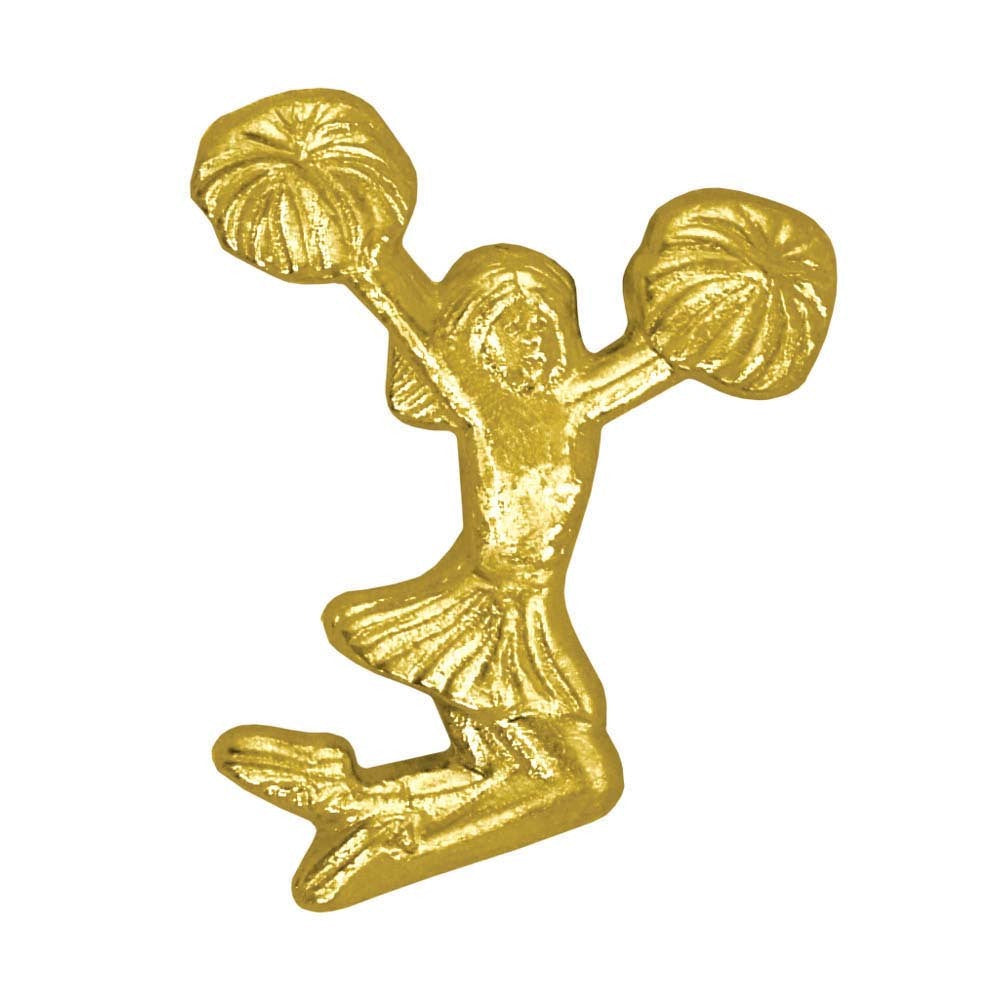 Gold chenille pin in the shape of a cheerleader jumping with pom-poms.