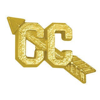 Gold chenille pin featuring "CC" initials with an arrow design, textured finish.