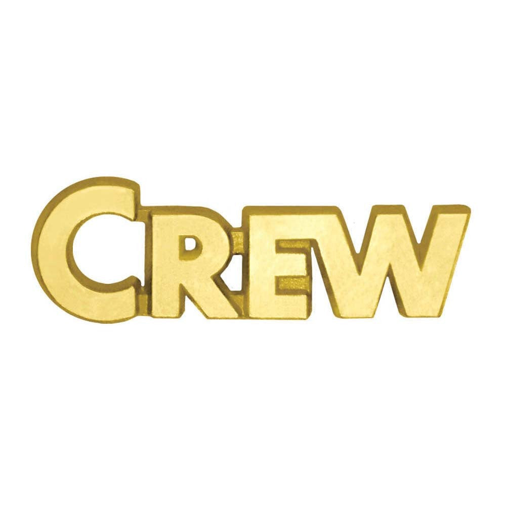 Gold-colored metal "CREW" varsity chenille pin with a polished finish.