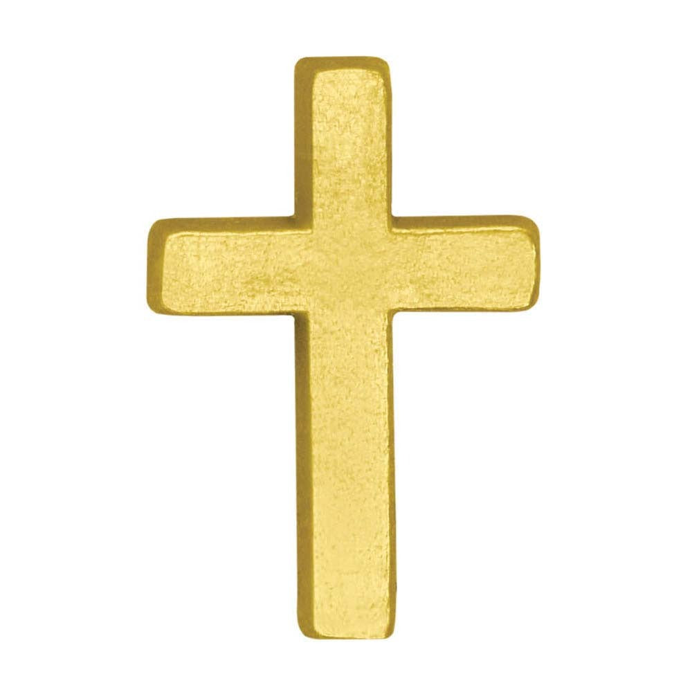 Gold chenille pin in the shape of a cross, with a smooth, metallic finish.