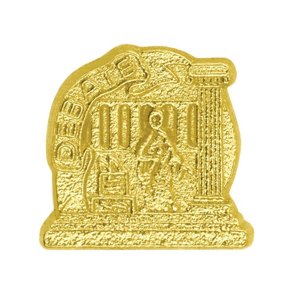 Shiny gold chenille pin featuring a detailed classical building with columns and a figure.