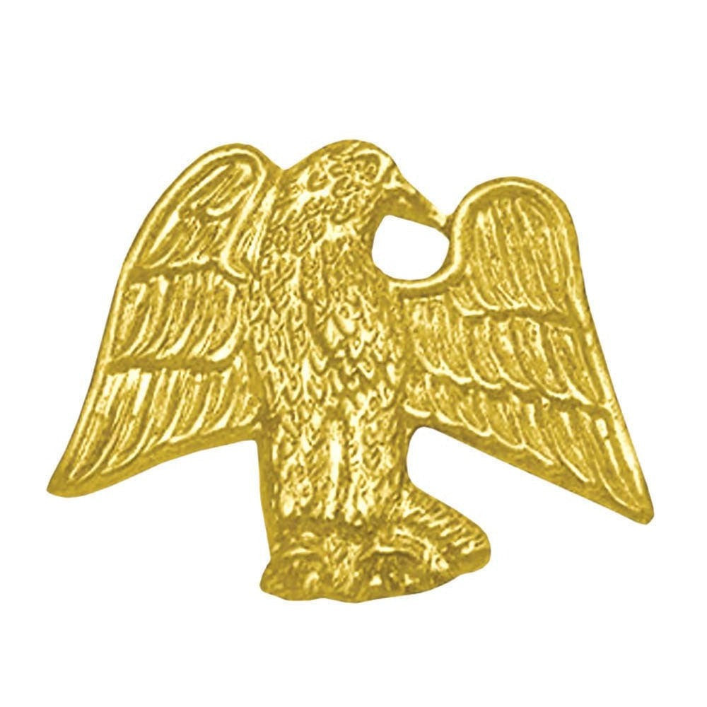 Shiny gold chenille pin in the shape of an eagle with detailed feathers and outstretched wings.