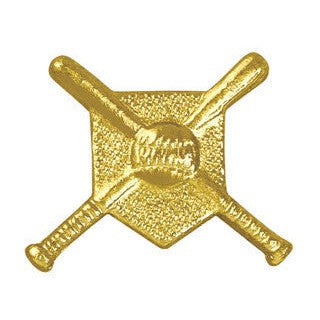Gold baseball chenille pin with crossed bats, a ball, and home plate design.