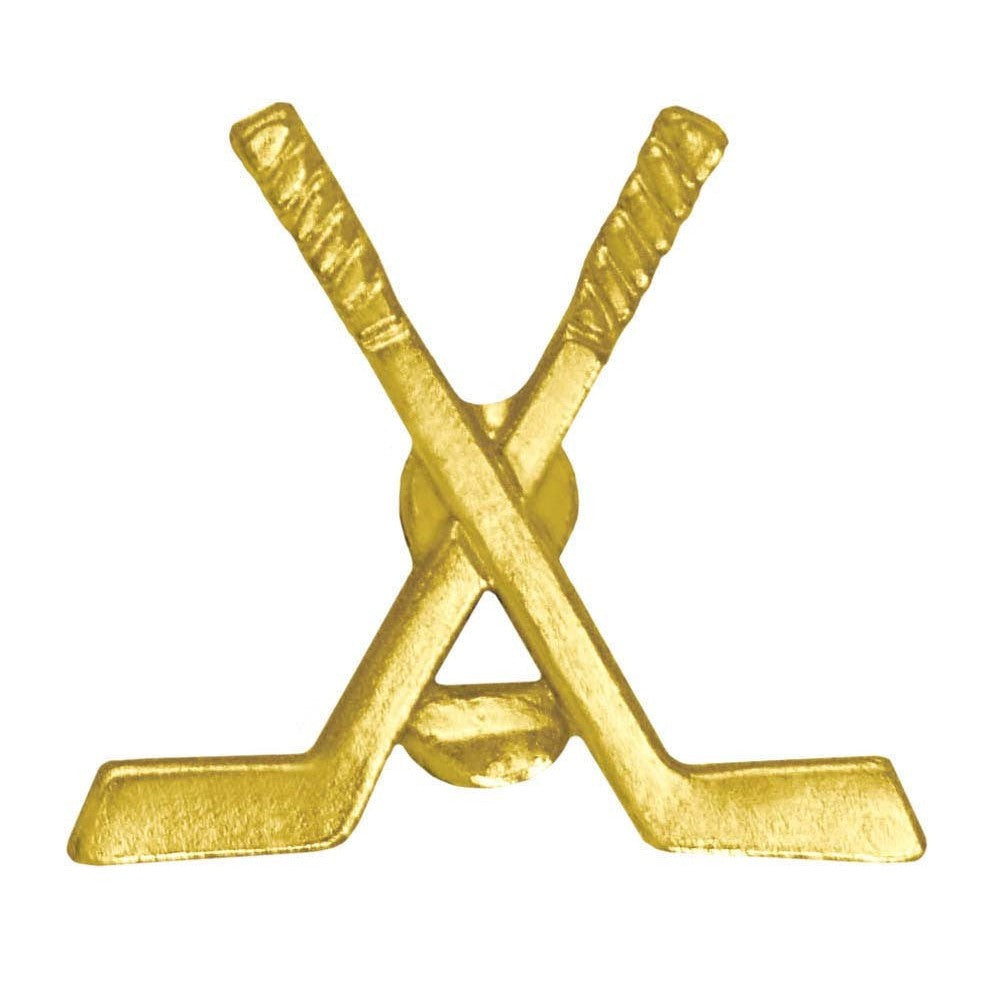 Gold chenille pin featuring two crossed hockey sticks, a classic varsity award for athletic achievement.
