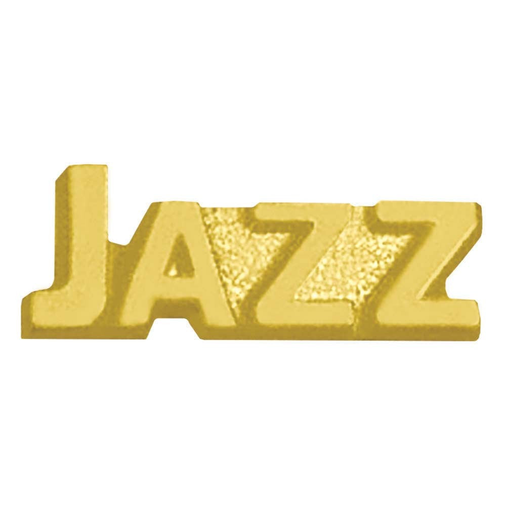 Gold-colored metal chenille pin spelling "JAZZ" in a bold, uppercase font with a textured finish.