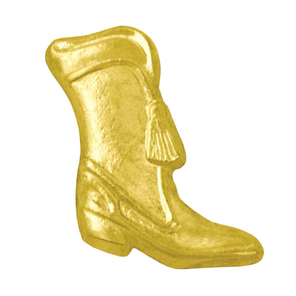 Shiny gold chenille pin shaped like a cowboy boot with a tassel, for athletic recognition.