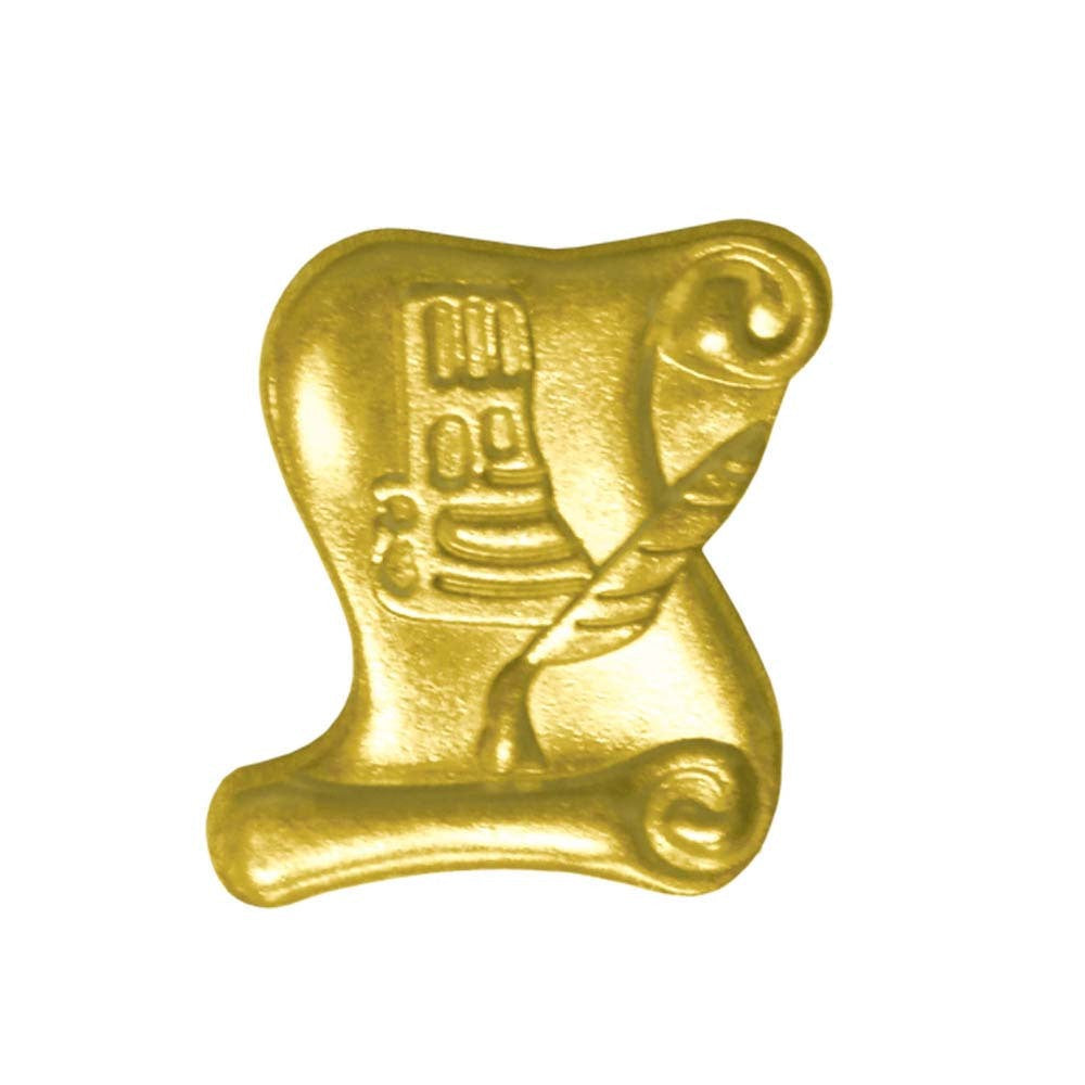 Shiny gold chenille pin shaped like a diploma scroll with a quill pen and a tower design.