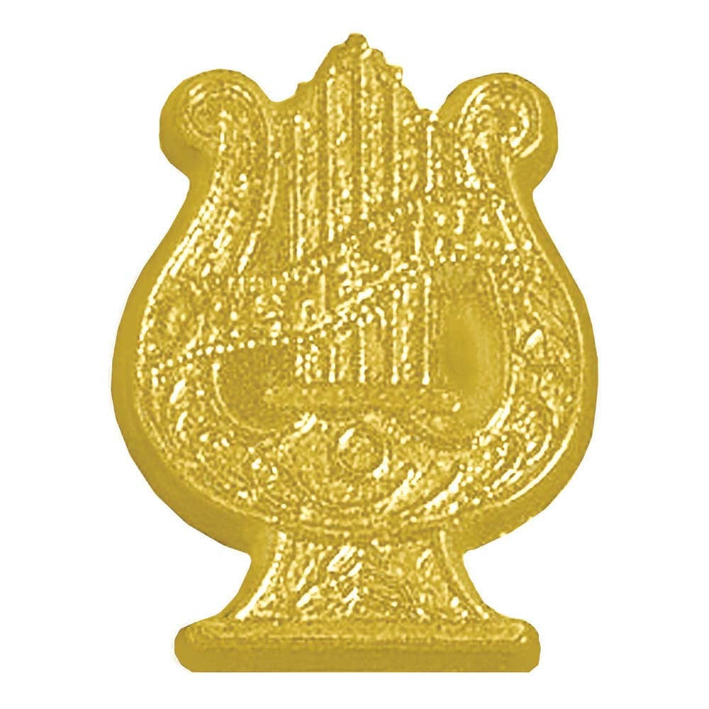 Shiny gold chenille pin shaped like a detailed lyre, recognizing athletic or musical achievement.