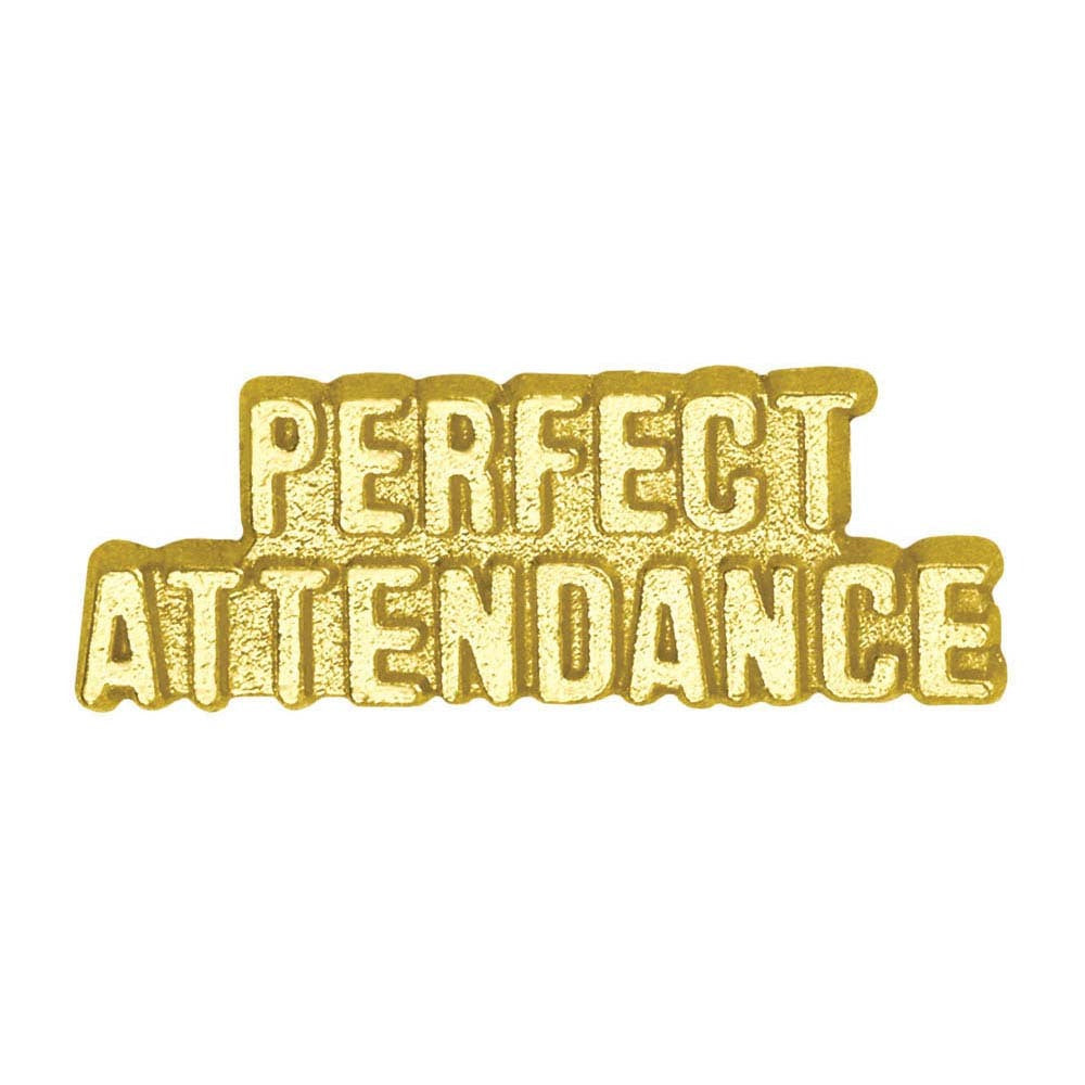 Gold "Perfect Attendance" chenille pin with textured finish.