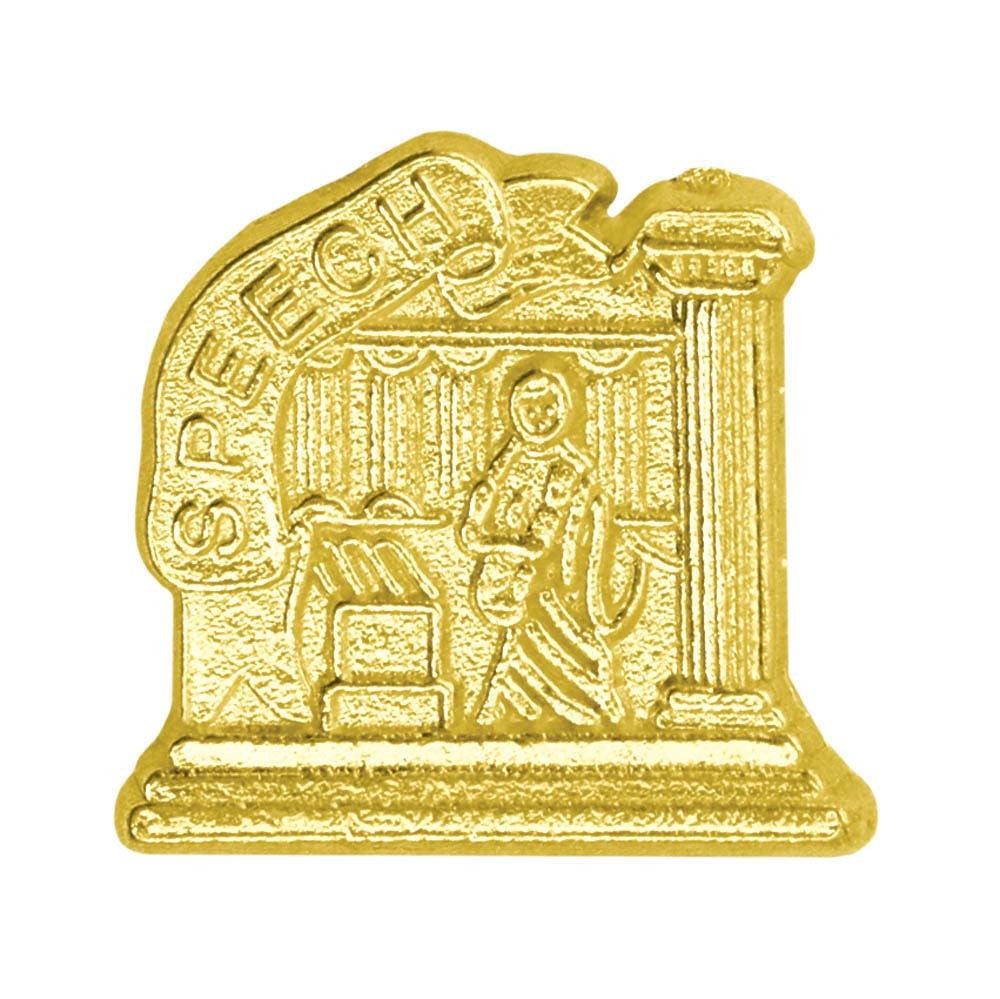 Gold "SPEECH" chenille pin featuring a classical figure at a podium with a column.