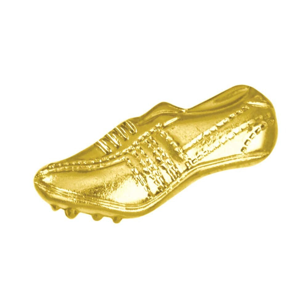 Shiny gold chenille pin shaped like a track shoe with laces and spikes.