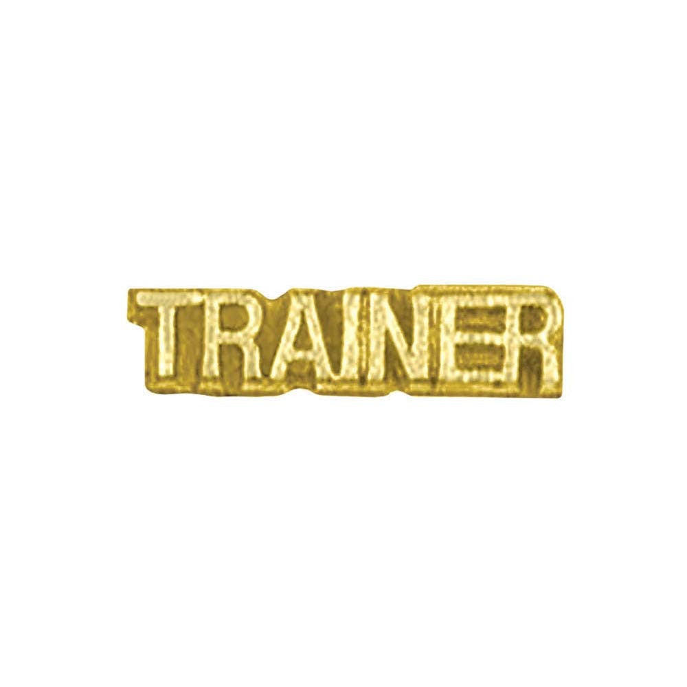 Gold metallic "TRAINER" chenille pin with embossed lettering.