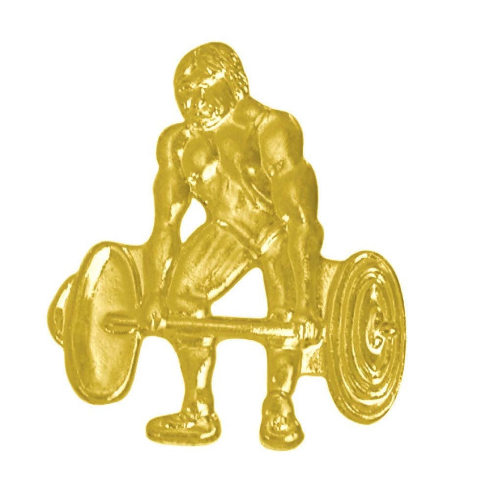 Gold chenille pin featuring a weightlifter mid-lift, ideal for athletic recognition.