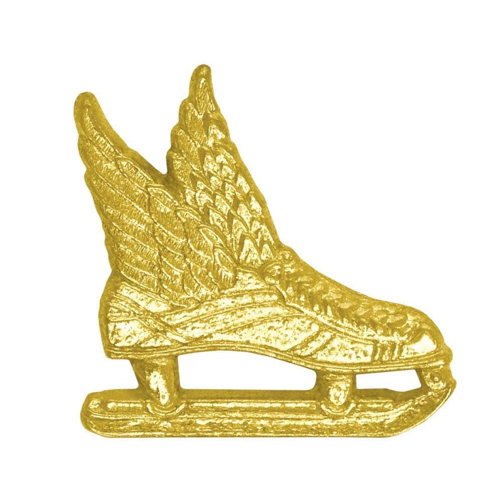 Gold chenille pin shaped like a winged ice skate, honoring athletic success.