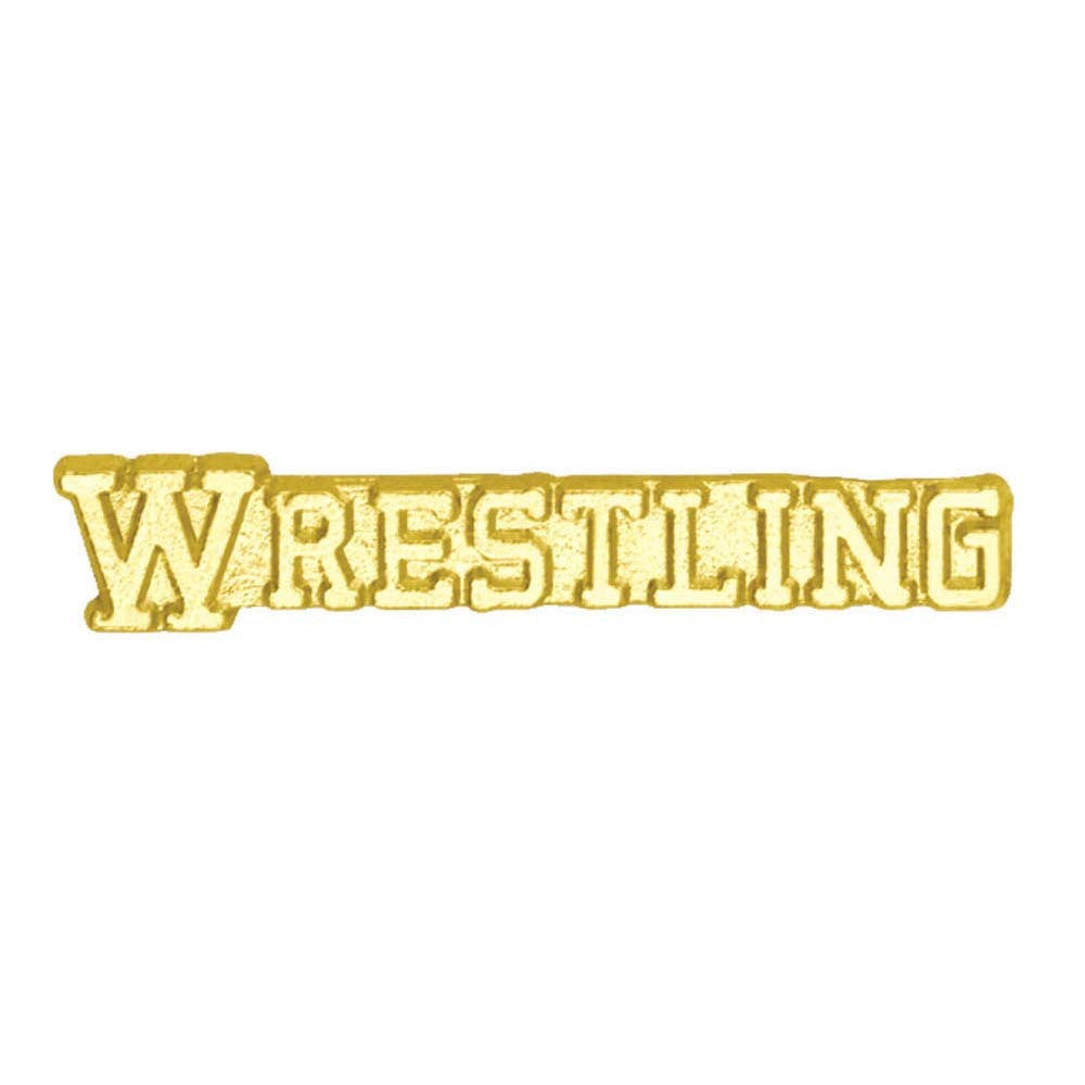 Gold-colored metal "WRESTLING" chenille pin with a textured finish.