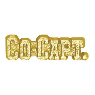 Gold "CO-CAPT." chenille pin with a textured, metallic finish.