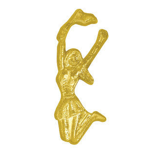 Shiny gold chenille pin shaped like a cheerleader jumping with pompoms.