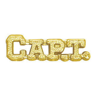 Sparkling gold "CAPT." chenille pin with a textured finish, recognizing athletic achievement.
