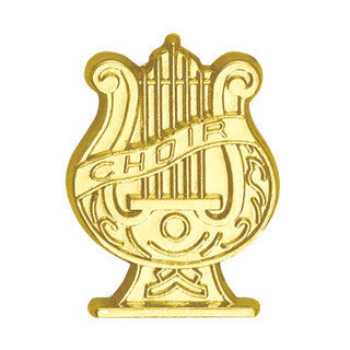 Gold chenille pin shaped like a lyre with "CHOIR" embossed on a banner across the strings.