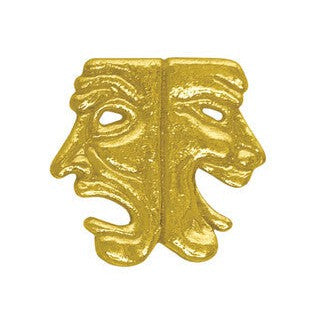 Gold chenille pin featuring two theatrical masks, one smiling and one frowning.