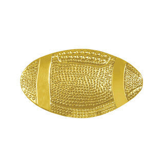 Shiny gold football-shaped chenille pin with textured surface and smooth bands.