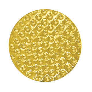 Round, textured gold chenille pin with a dimpled, pebbled surface.