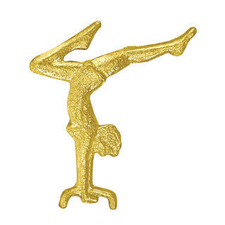 Shiny gold chenille pin in the shape of a gymnast performing a handstand.