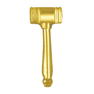 Shiny gold gavel chenille pin with a textured head and smooth handle.
