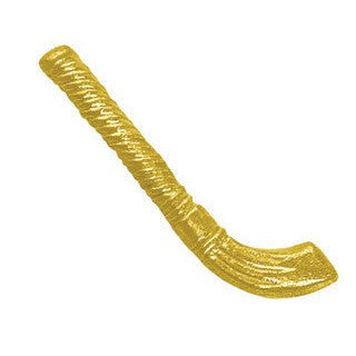 Shiny gold chenille pin shaped like a hockey stick, with a textured, ridged surface.
