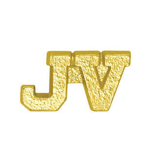Textured gold "JV" chenille pin, a varsity athletic award.