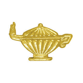 Shiny gold chenille pin shaped like a classic oil lamp with a flame.