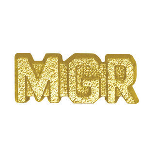 Gold chenille pin spelling "MGR" in a textured, block letter design.