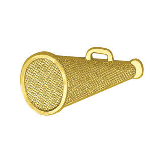 Gold chenille pin shaped like a megaphone with a textured, glittery finish.