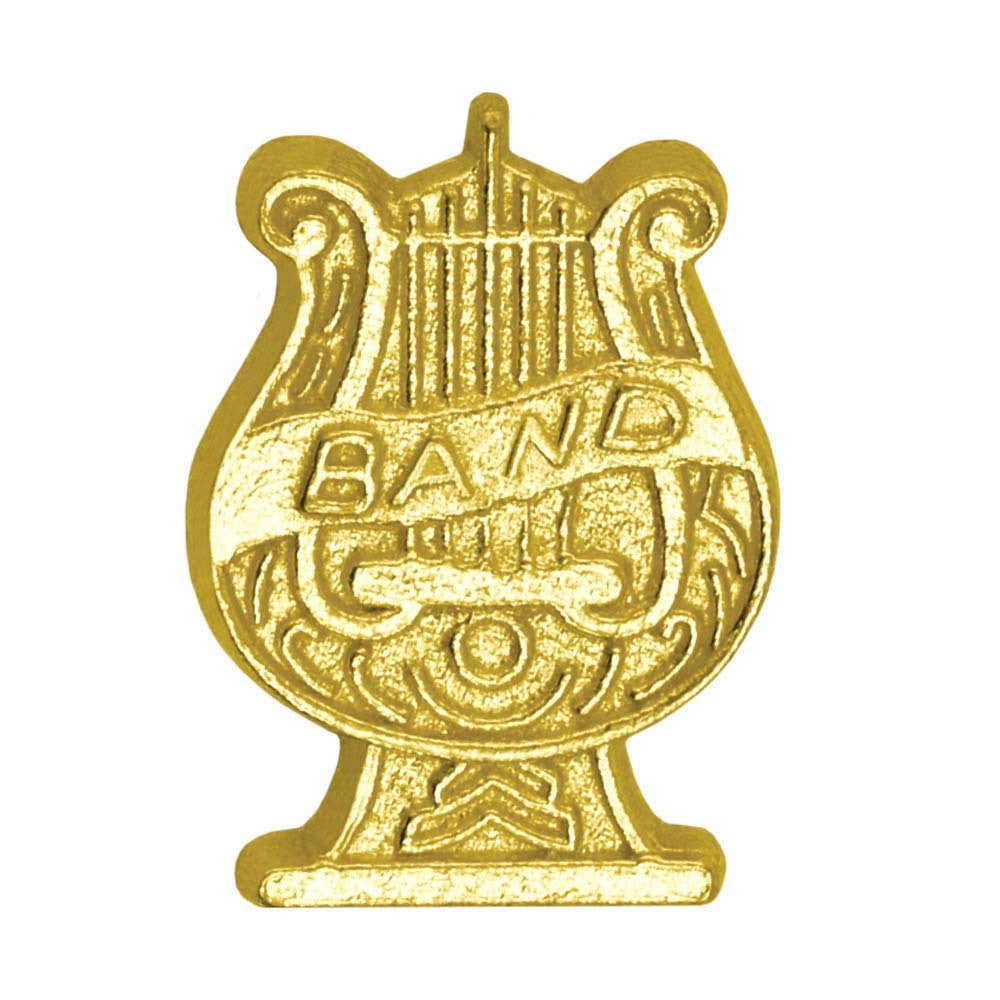 Gold chenille pin shaped like a lyre with "BAND" embossed across the strings.