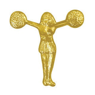 Shiny gold cheerleader chenille pin with pom-poms, recognizing athletic success.