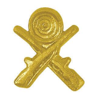 Shiny gold chenille pin featuring crossed rifles and a target, recognizing athletic achievement.