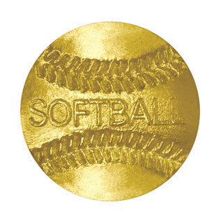 Round gold chenille pin with "SOFTBALL" embossed and baseball stitching texture.