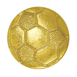 Gold chenille pin shaped like a soccer ball with textured hexagonal panels.