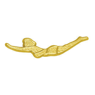 Gold chenille pin shaped like a swimmer, recognizing athletic achievement.