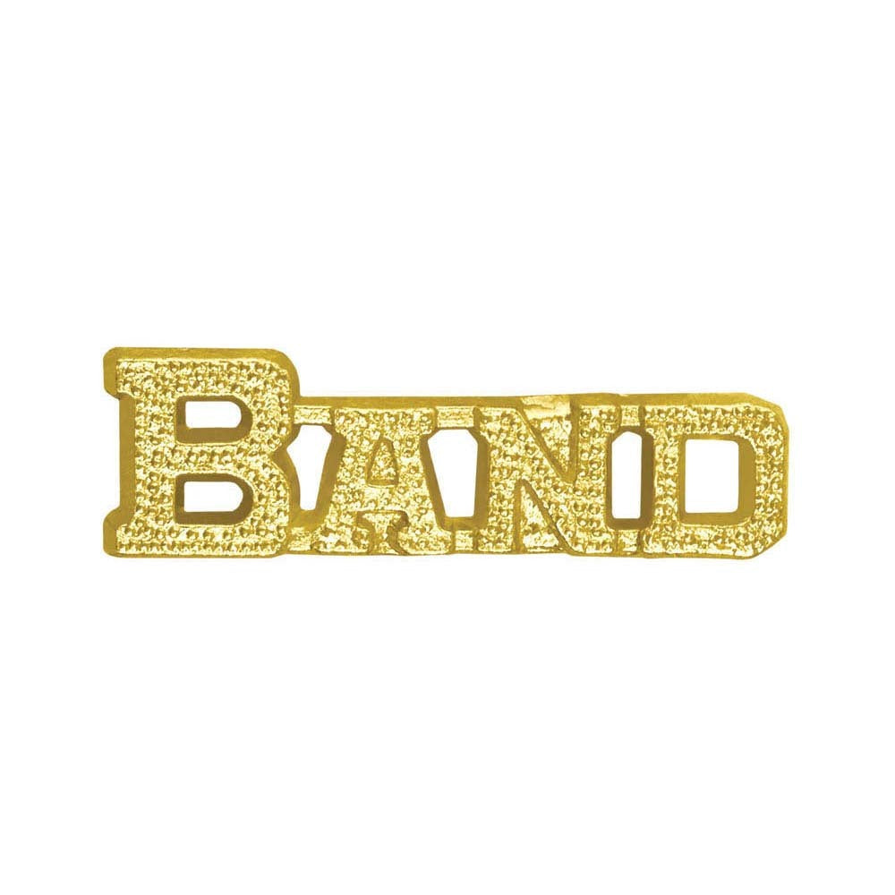 Gold chenille pin spelling "BAND" in a textured, block letter design.