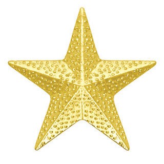 Shiny gold chenille pin in a classic five-point star shape with a textured, pebbled surface.