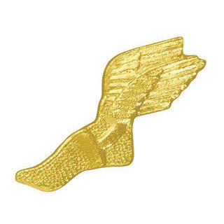 Shiny gold chenille pin shaped like a winged foot, symbolizing athletic achievement.