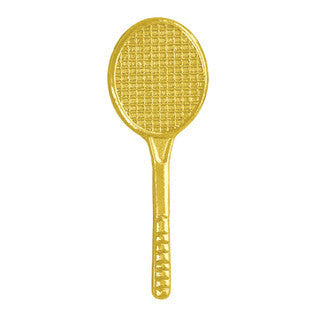 Gold chenille pin shaped like a tennis racket with a textured head and ribbed handle.